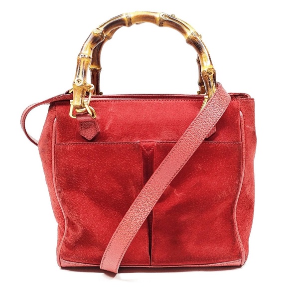 Gucci Red Suede and Leather Handbag with Bamboo Handle - Picture 1 of 9
